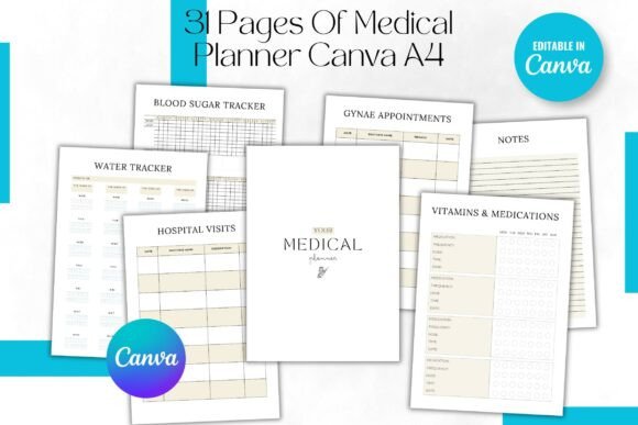 Download 31 Pages of Medical Planner Canva A4 - Medical planner Collection